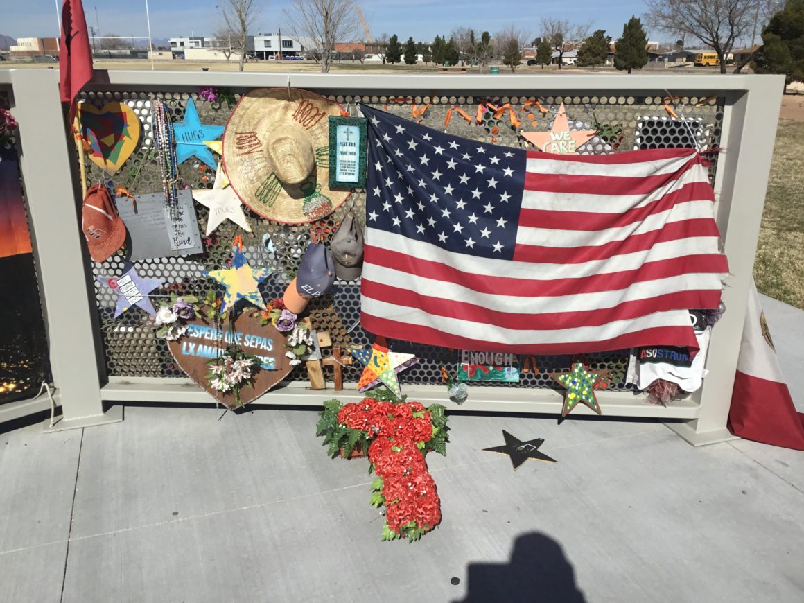 Remnants of the makeshift memorial erected after the August 3, 2019 mass shooting at the Cielo Vista Walmart. Photo courtesy of Tom Star.