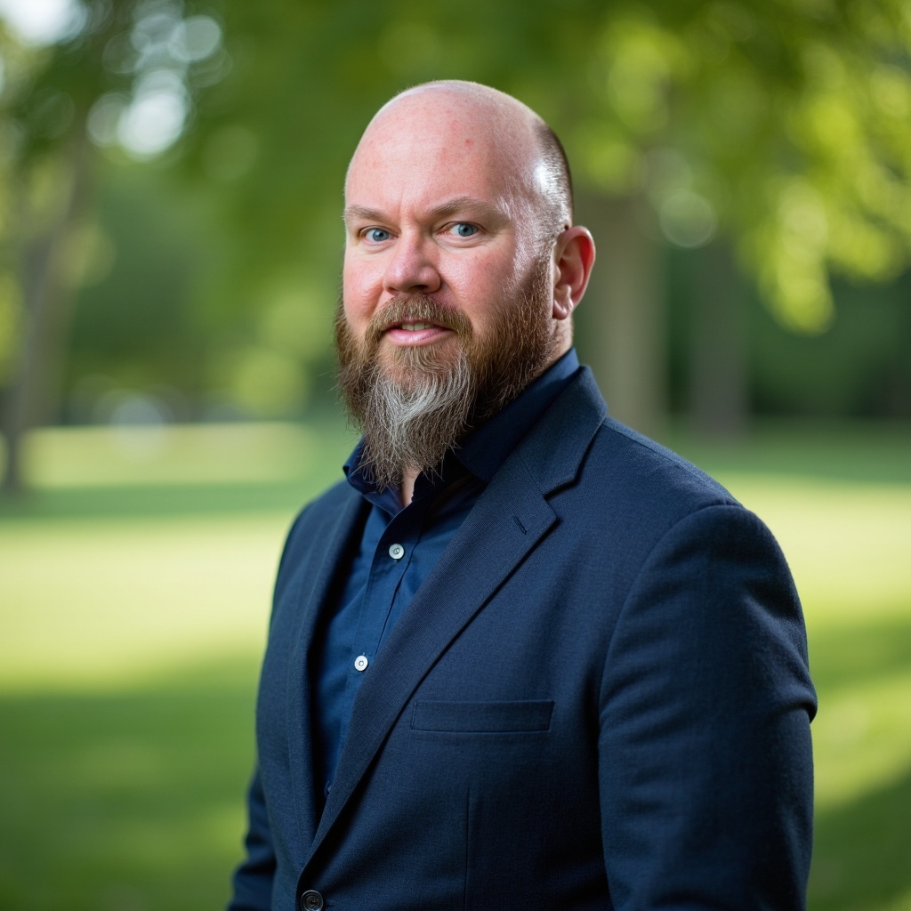 Larry Wigger outdoors on a shaded lawn