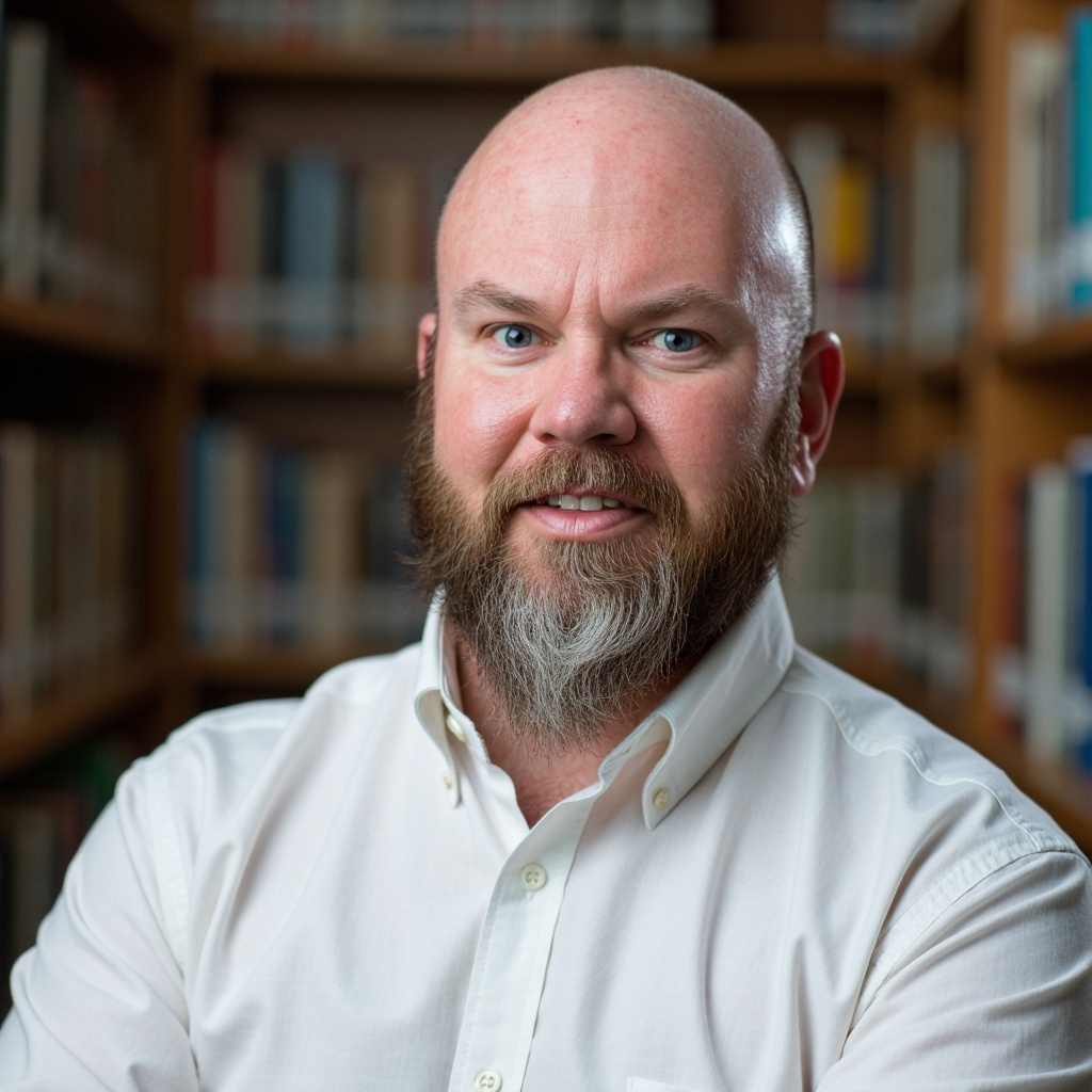 Larry Wigger in front of bookshelves