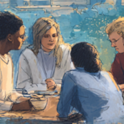 generated soft image of five people seated around a table