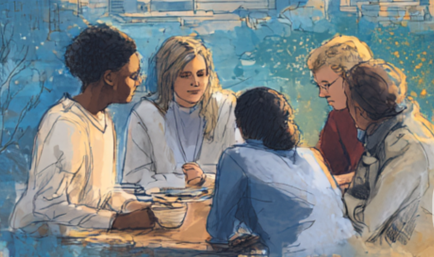 generated soft image of five people seated around a table