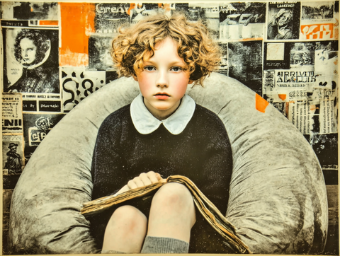 girl sits in a beanbag with newspaper in lap surrounded by collage