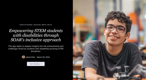 image a teen ager in a science lab space and the words Empowering STEM students with disabilities through SOAR's inclusive approach. This app seeks to deepen insights into the achievements and challenges faced by students with disabilities