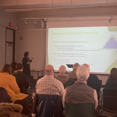 Dr. Risa Brooks delivers a lecture on issues in civil-military relations on Feb 20. Sponsorship from the School of Humanities and Social Sciences Bernardin Haskell Lecture Series