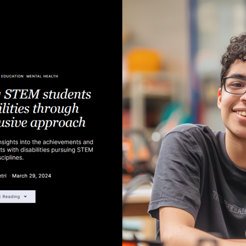 image a teen ager in a science lab space and the words Empowering STEM students with disabilities through SOAR's inclusive approach. This app seeks to deepen insights into the achievements and challenges faced by students with disabilities
