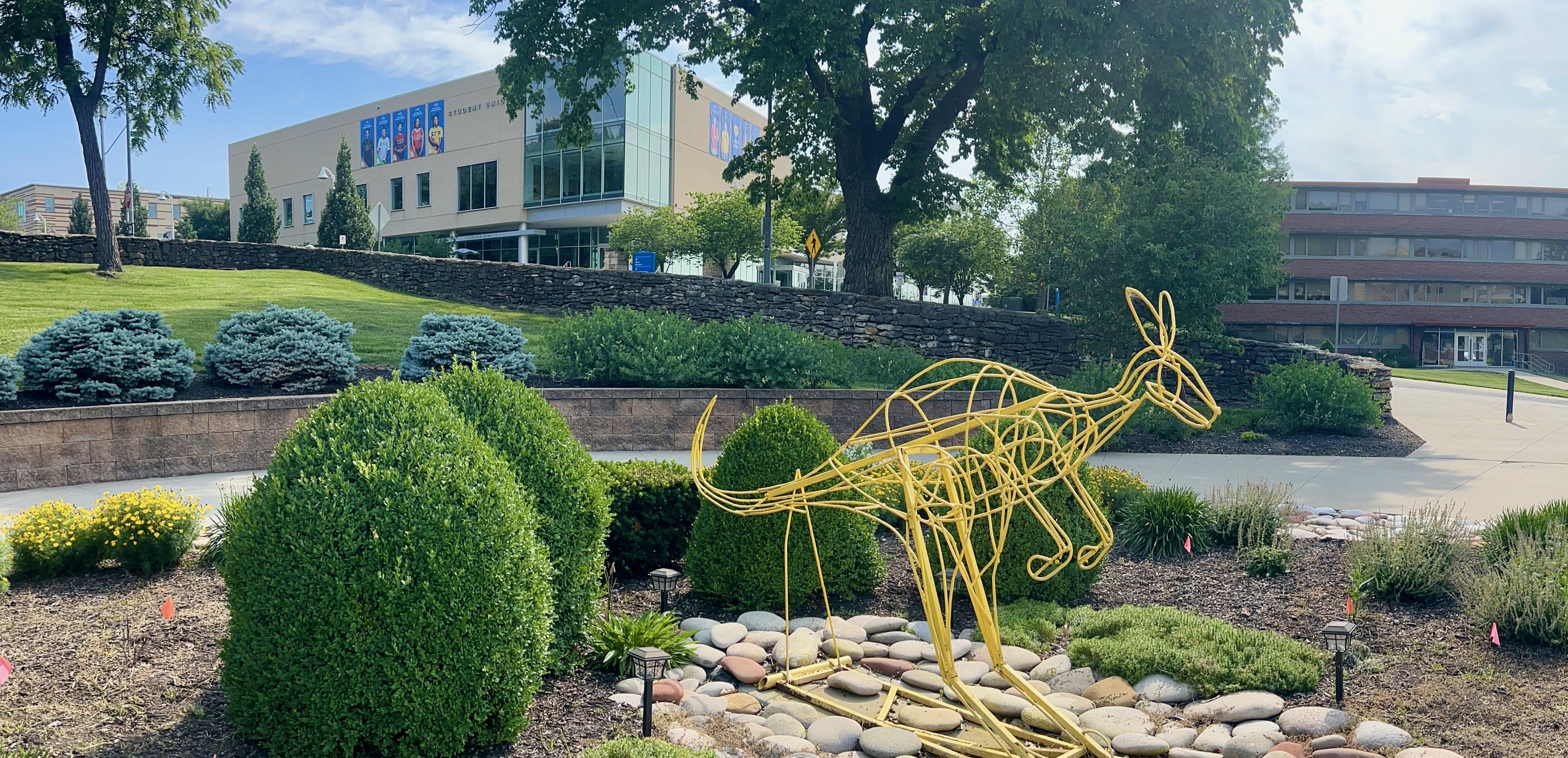 yellow roo in front of Student Union