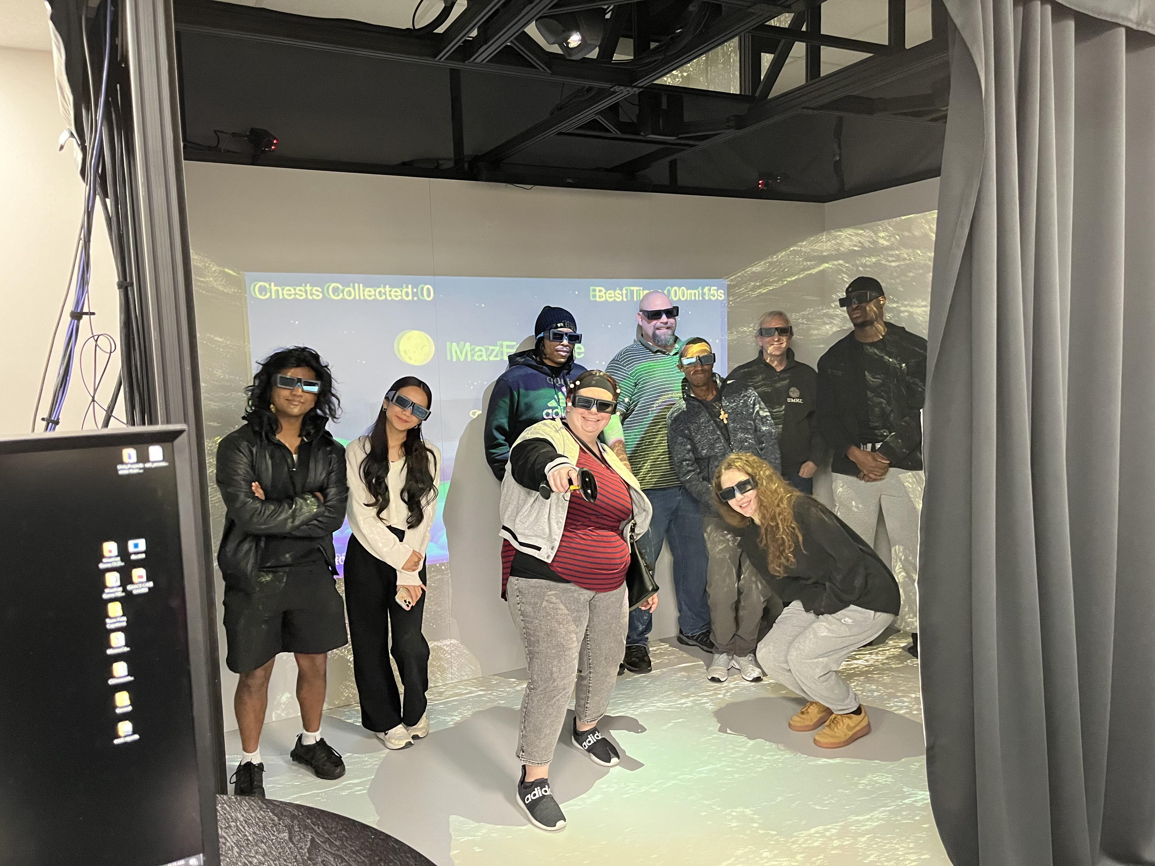 A group of students wearing VR goggles