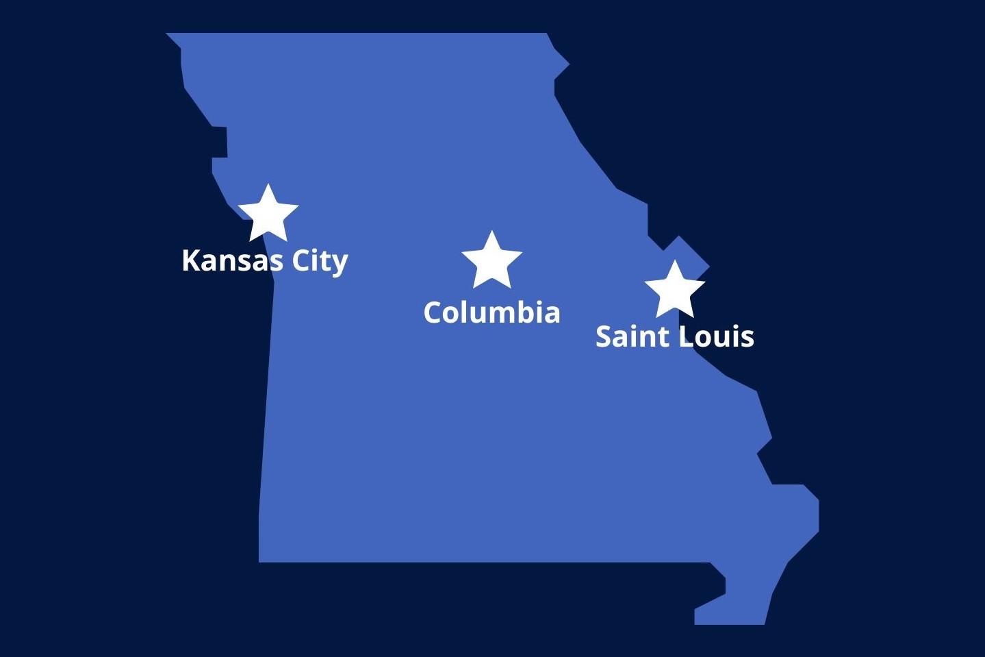 Map of Missouri; highlighting Kansas City, Columbia, and Saint Louis